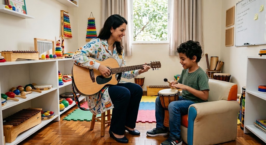 Musicoterapeuta tocando violão durante uma sessão de musicoterapia com uma criança, que acompanha no tambor